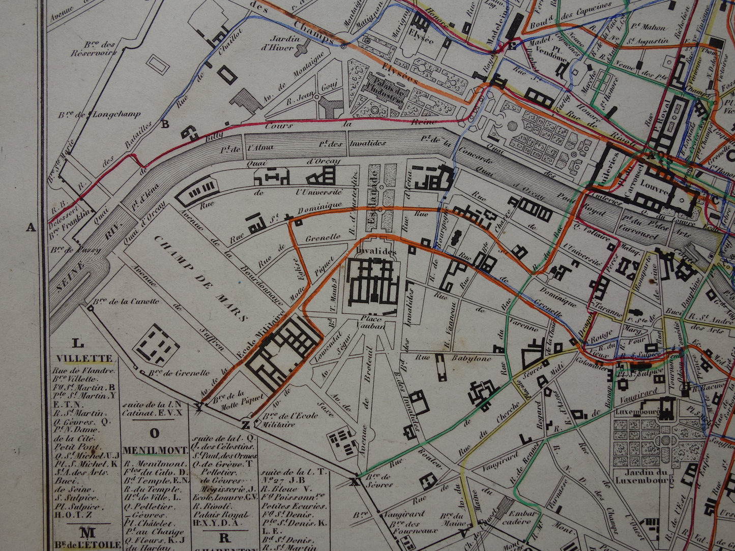 Oude kaart van Parijs met routes van de paardentram / omnibus - zeldzame antieke kaart van Parijs uit 1856 originele vintage plattegrond