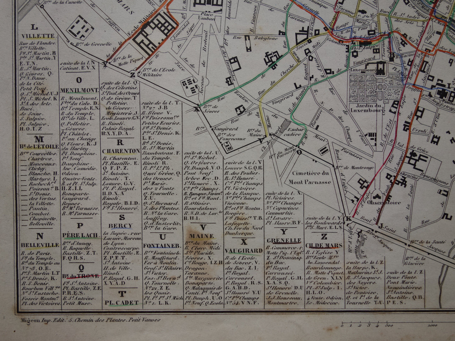 Oude kaart van Parijs met routes van de paardentram / omnibus - zeldzame antieke kaart van Parijs uit 1856 originele vintage plattegrond
