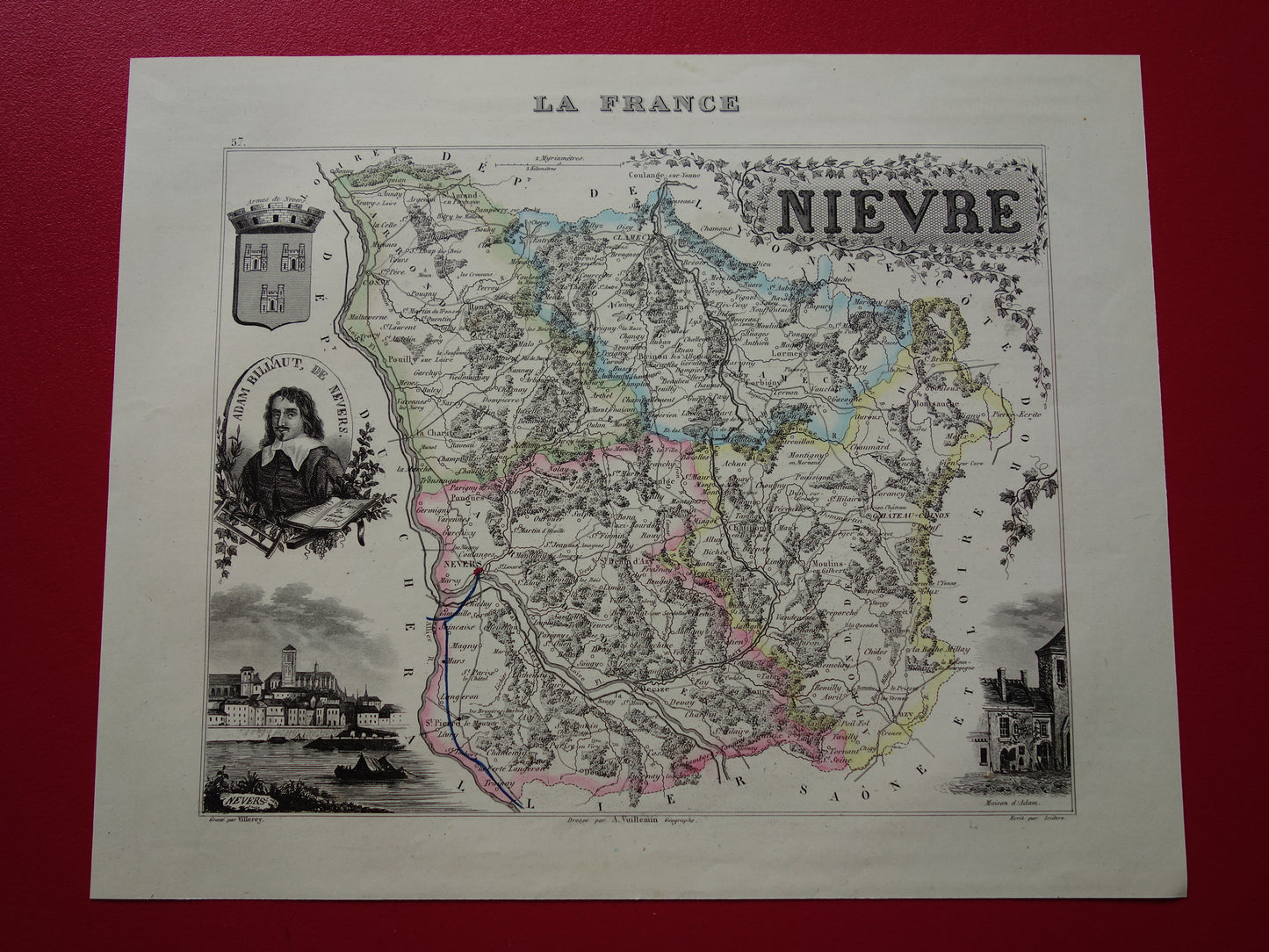 Oude kaart van NIEVRE departement in Frankrijk uit 1856 originele antieke handgekleurde landkaart Nevers Decize Cosne-Cours-sur-Loire