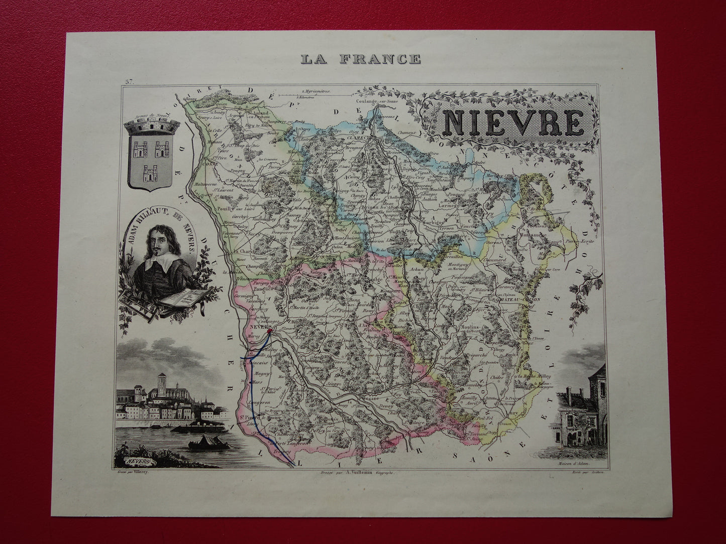Oude kaart van NIEVRE departement in Frankrijk uit 1856 originele antieke handgekleurde landkaart Nevers Decize Cosne-Cours-sur-Loire
