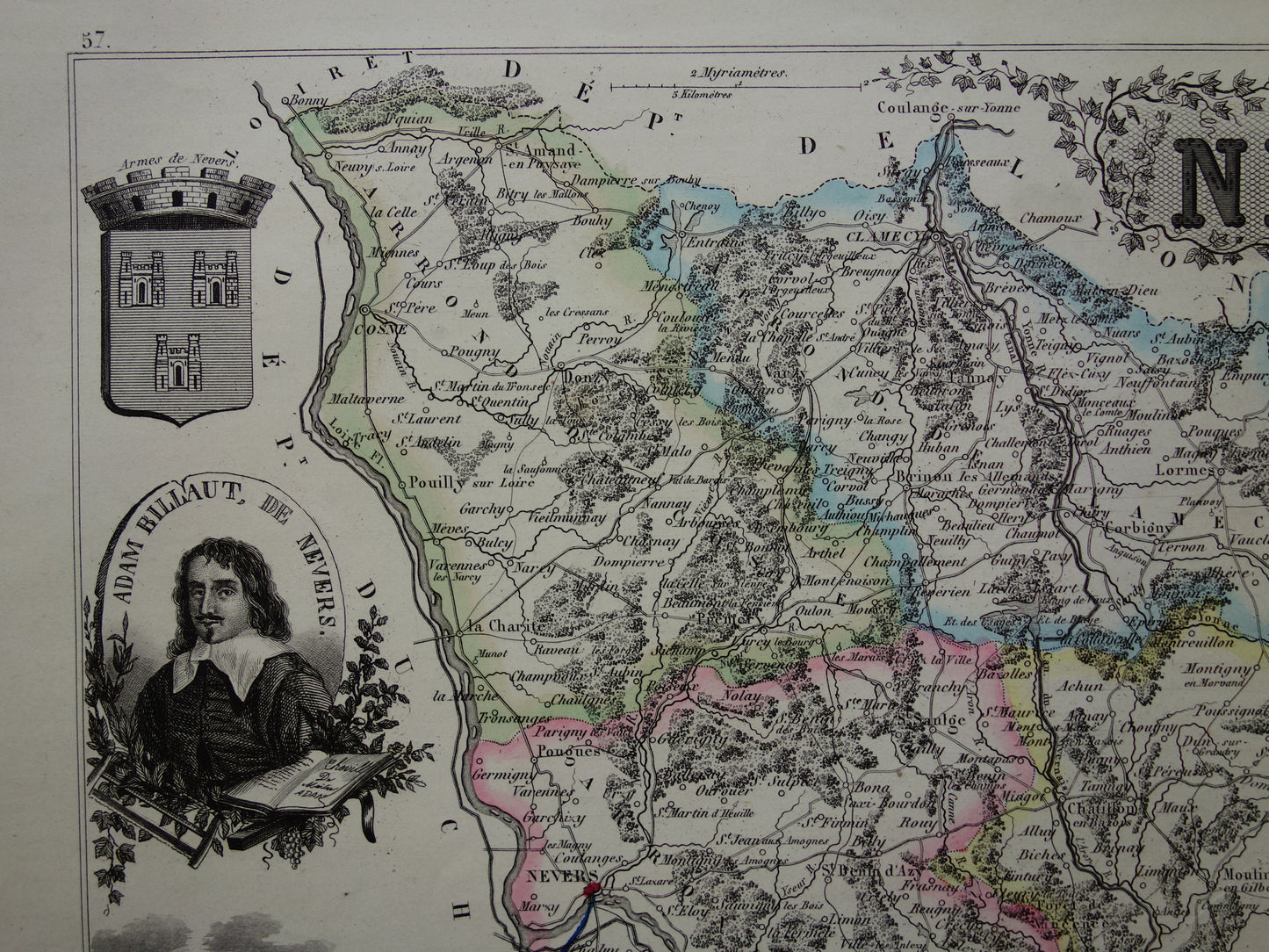 Oude kaart van NIEVRE departement in Frankrijk uit 1856 originele antieke handgekleurde landkaart Nevers Decize Cosne-Cours-sur-Loire