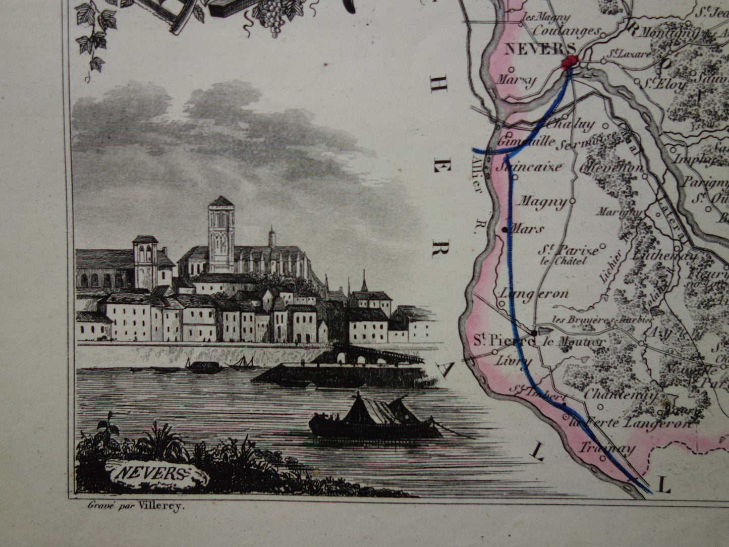 Oude kaart van NIEVRE departement in Frankrijk uit 1856 originele antieke handgekleurde landkaart Nevers Decize Cosne-Cours-sur-Loire