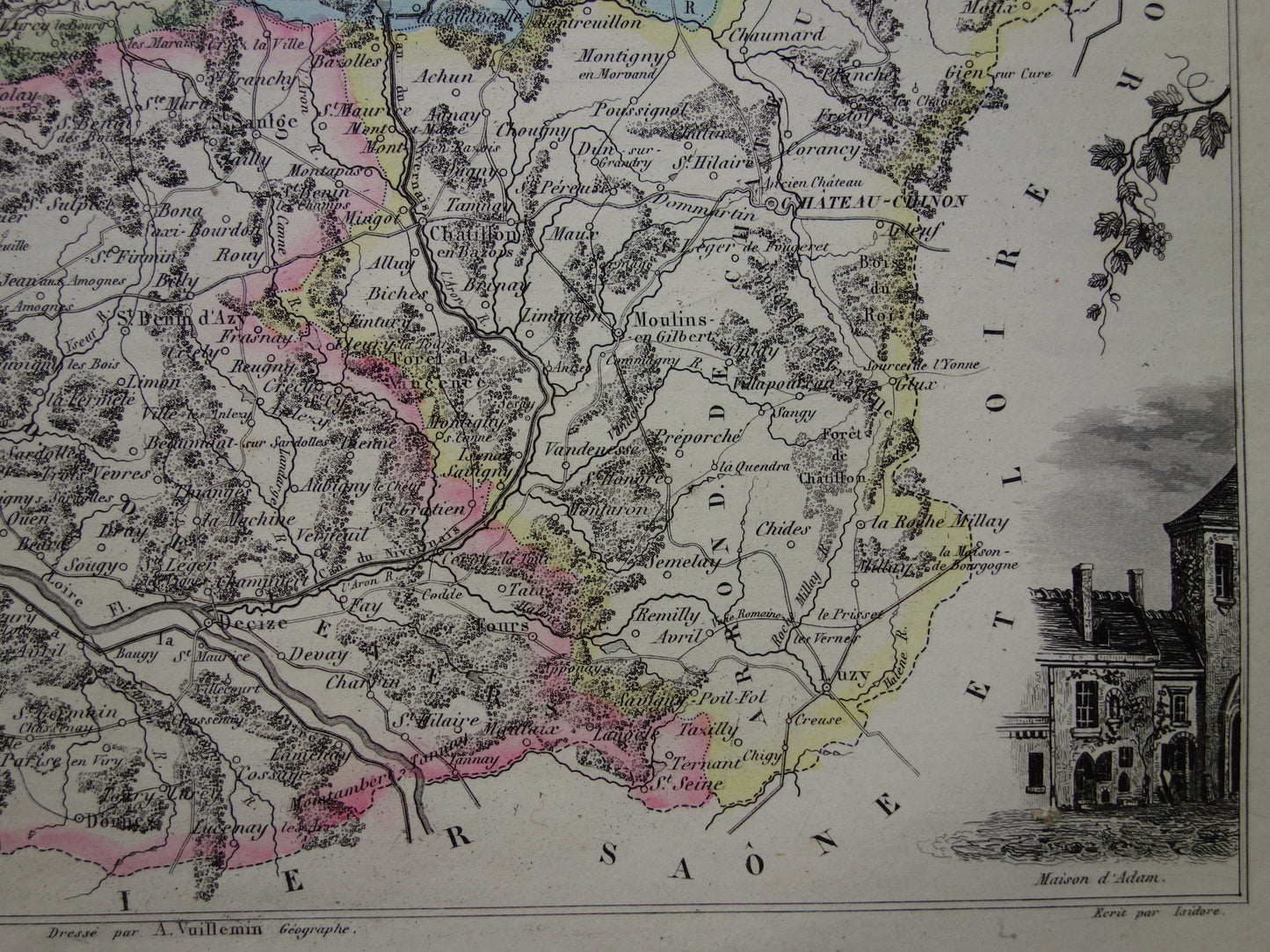 Oude kaart van NIEVRE departement in Frankrijk uit 1856 originele antieke handgekleurde landkaart Nevers Decize Cosne-Cours-sur-Loire