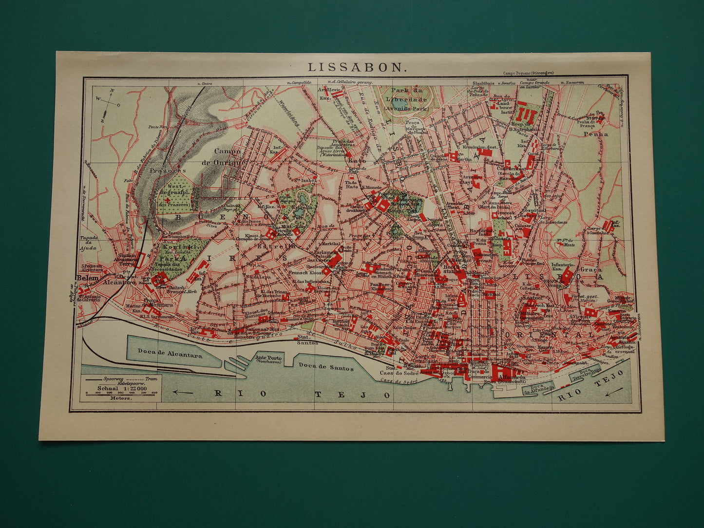 LISSABON oude kaart van Lissabon Portugal uit 1909 originele antieke plattegrond vintage landkaart