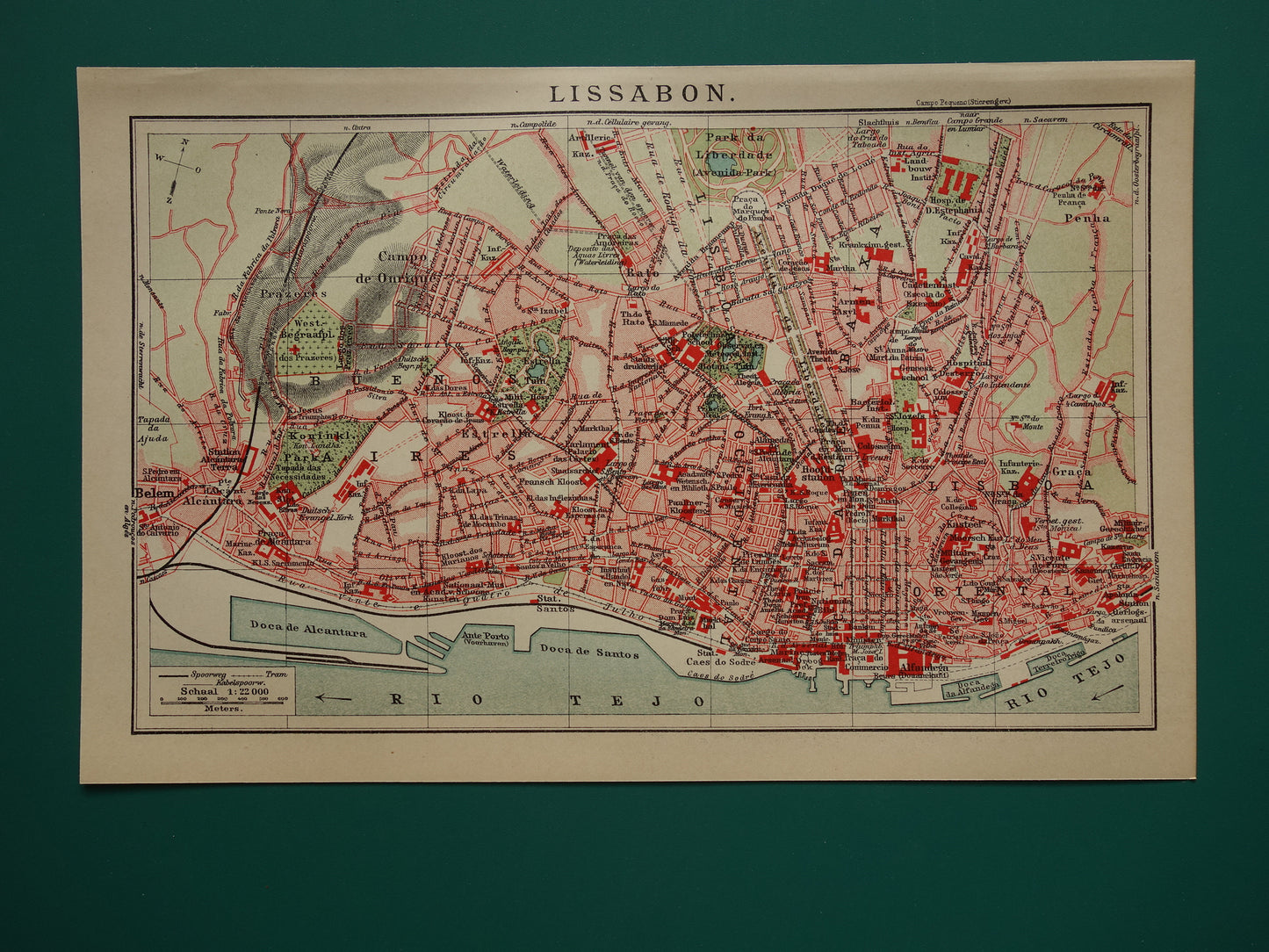 LISSABON oude kaart van Lissabon Portugal uit 1909 originele antieke plattegrond vintage landkaart