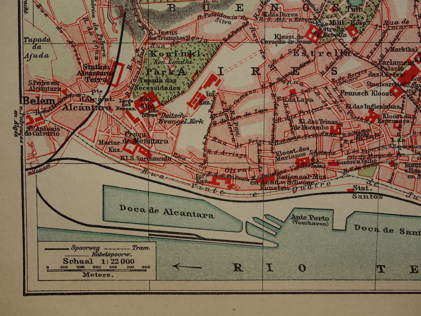 LISSABON oude kaart van Lissabon Portugal uit 1909 originele antieke plattegrond vintage landkaart