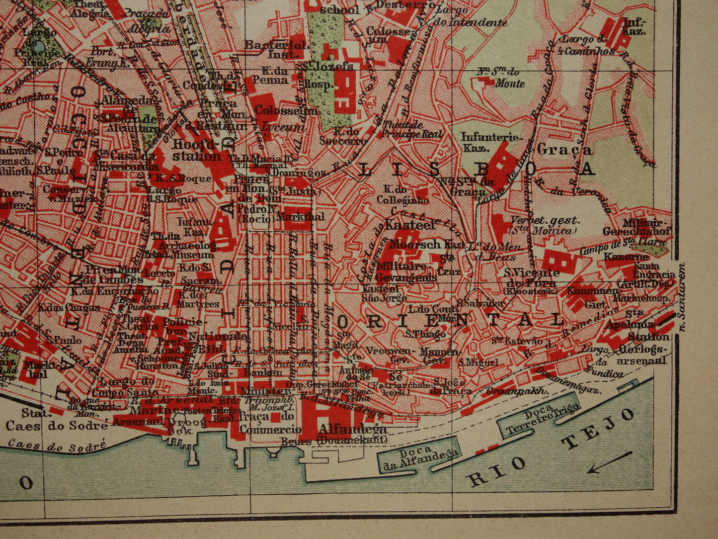 LISSABON oude kaart van Lissabon Portugal uit 1909 originele antieke plattegrond vintage landkaart