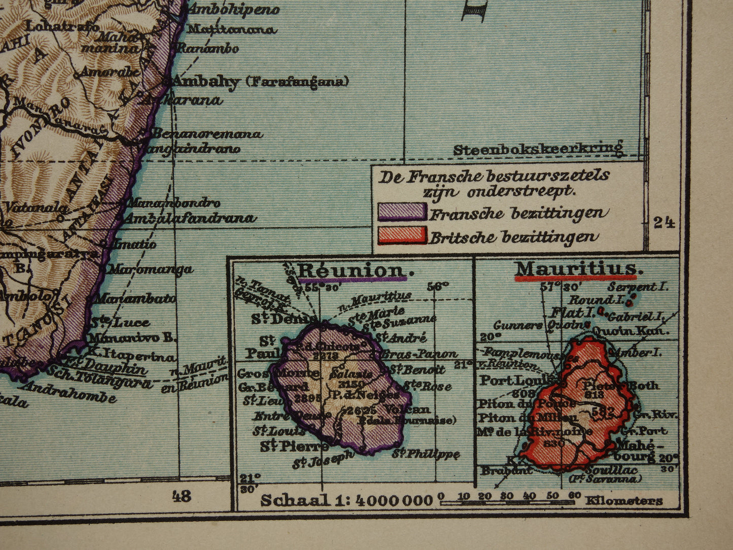 Oude kaart van Madagaskar uit 1909 originele antieke Nederlandse landkaart - kleine vintage kaarten