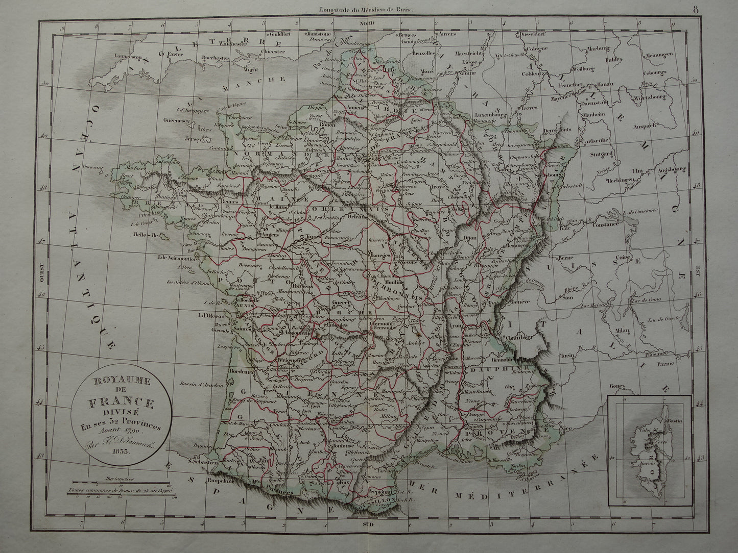 FRANKRIJK oude historische landkaart van 32 provincies Frankrijk voor 1790 - originele antieke kaart uit 1833
