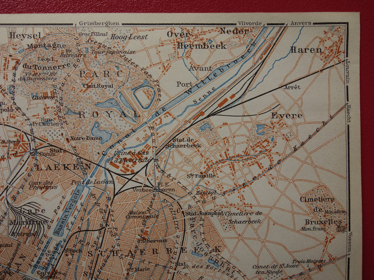 BRUSSEL oude kaart van Brussel België uit 1910 kleine originele antieke plattegrond Laeken Etterbeek landkaart