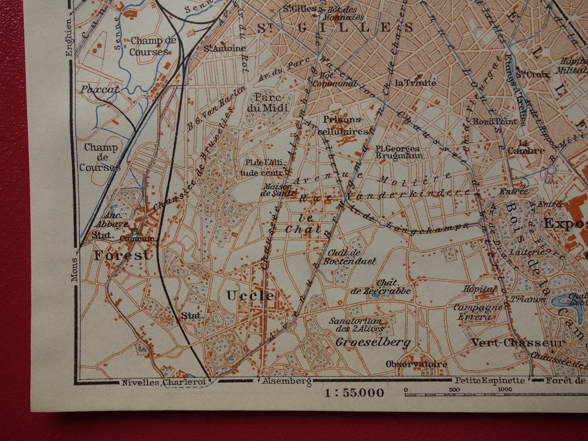 BRUSSEL oude kaart van Brussel België uit 1910 kleine originele antieke plattegrond Laeken Etterbeek landkaart