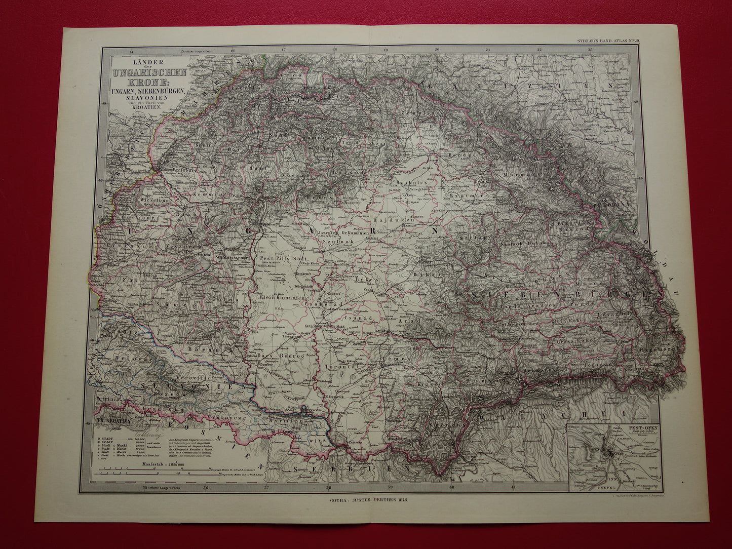 Hongarije Roemenië vintage landkaart uit 1878 van Budapest Transsylvanië Originele oude antieke kaart met jaartal - historische kaarten Oostenrijk-Hongarije