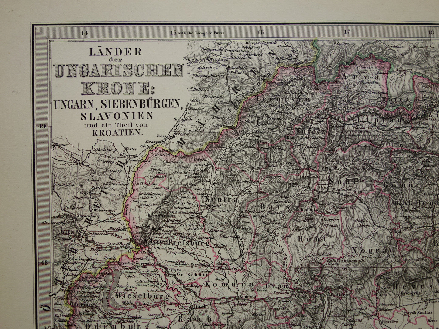 Hongarije Roemenië vintage landkaart uit 1878 van Budapest Transsylvanië Originele oude antieke kaart met jaartal - historische kaarten Oostenrijk-Hongarije