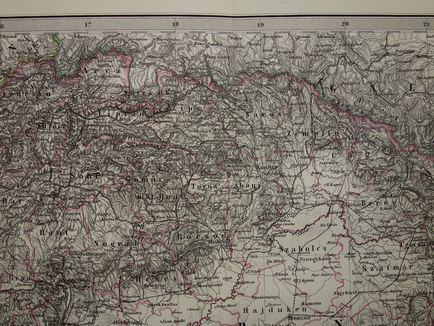 Hongarije Roemenië vintage landkaart uit 1878 van Budapest Transsylvanië Originele oude antieke kaart met jaartal - historische kaarten Oostenrijk-Hongarije