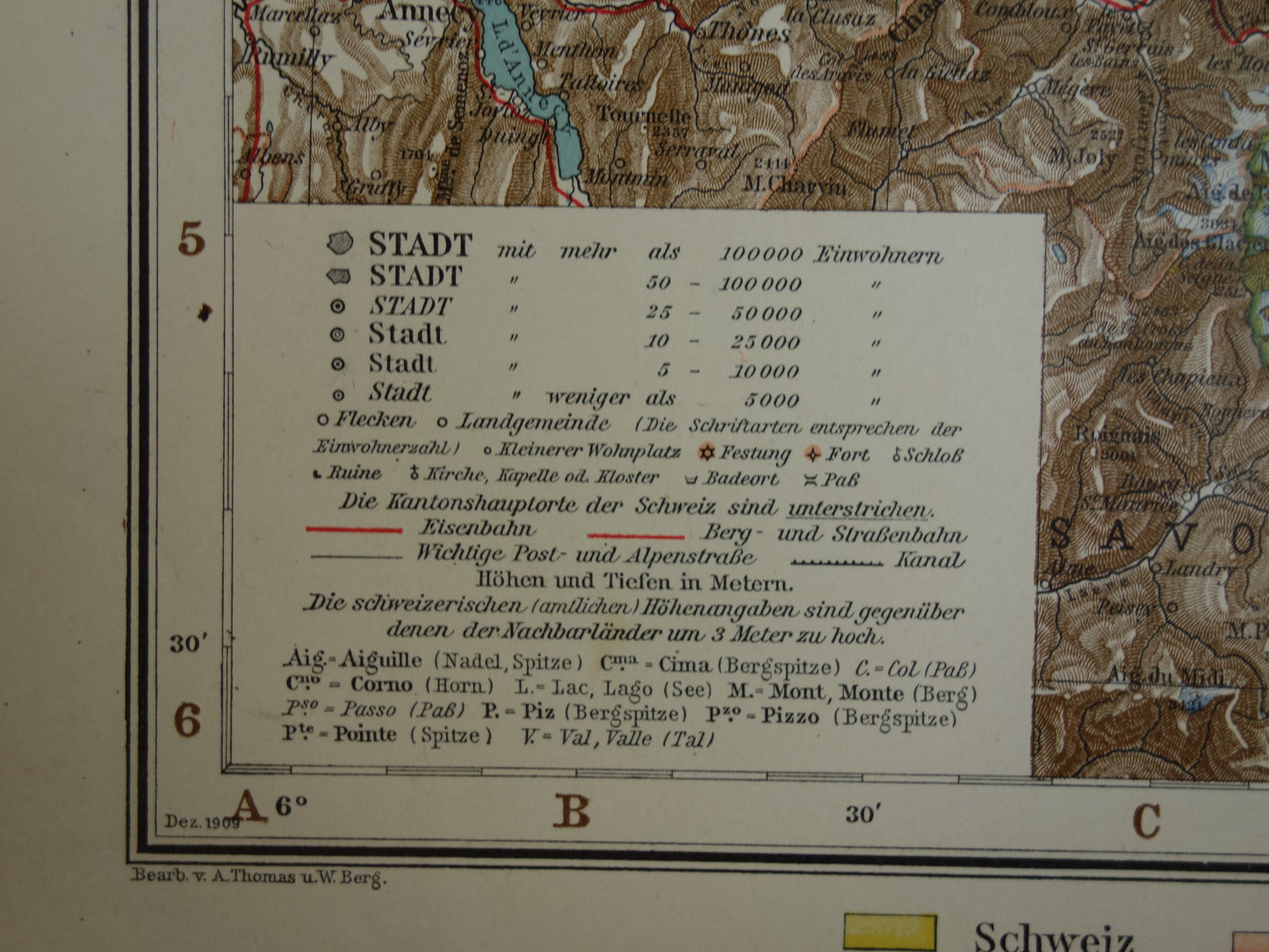 ZWITSERLAND Oude kaart van Zwitserland - Gedetailleerde grote landkaart met jaartal 1909 - Originele vintage kaarten