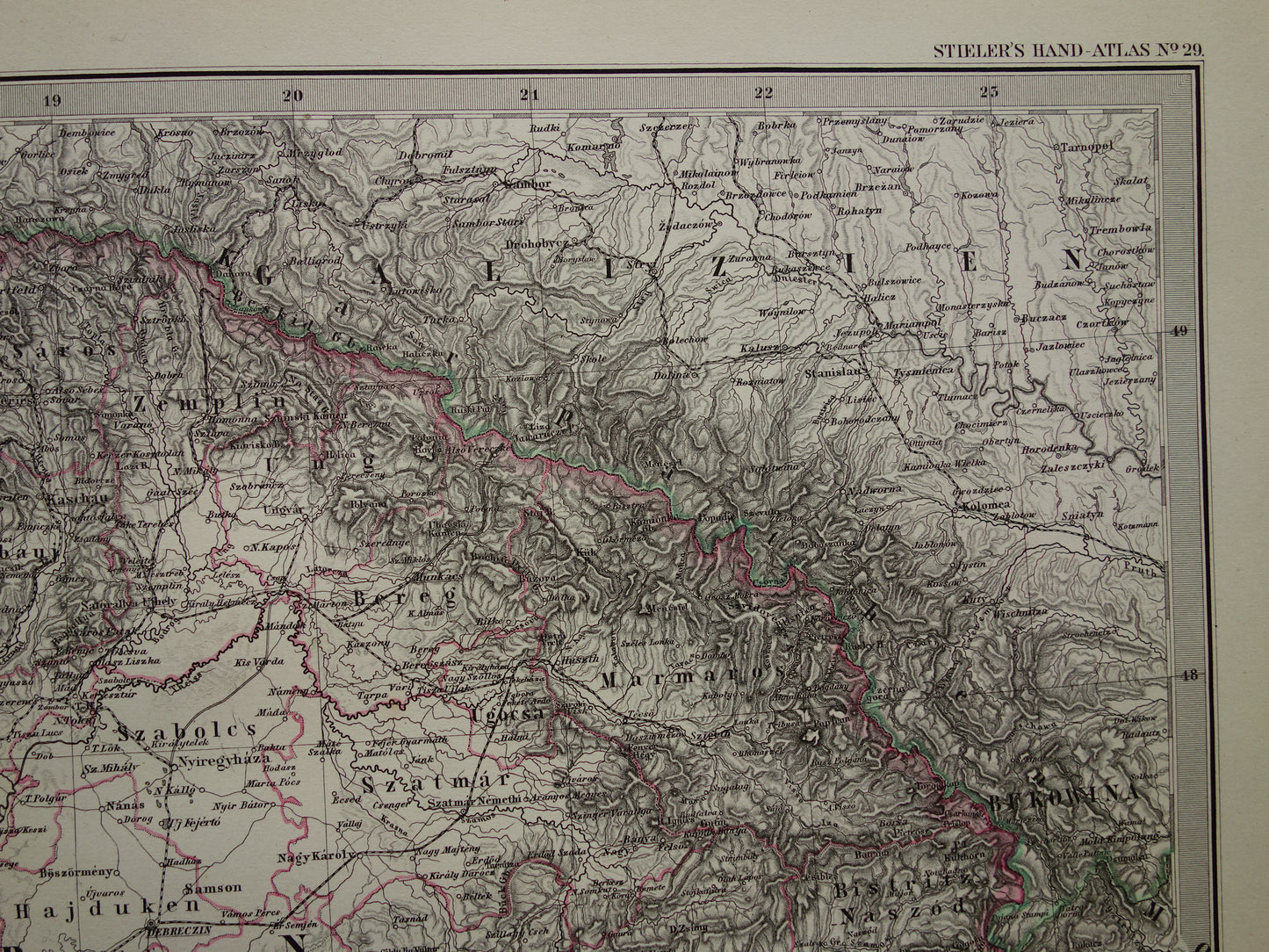 Hongarije Roemenië vintage landkaart uit 1878 van Budapest Transsylvanië Originele oude antieke kaart met jaartal - historische kaarten Oostenrijk-Hongarije