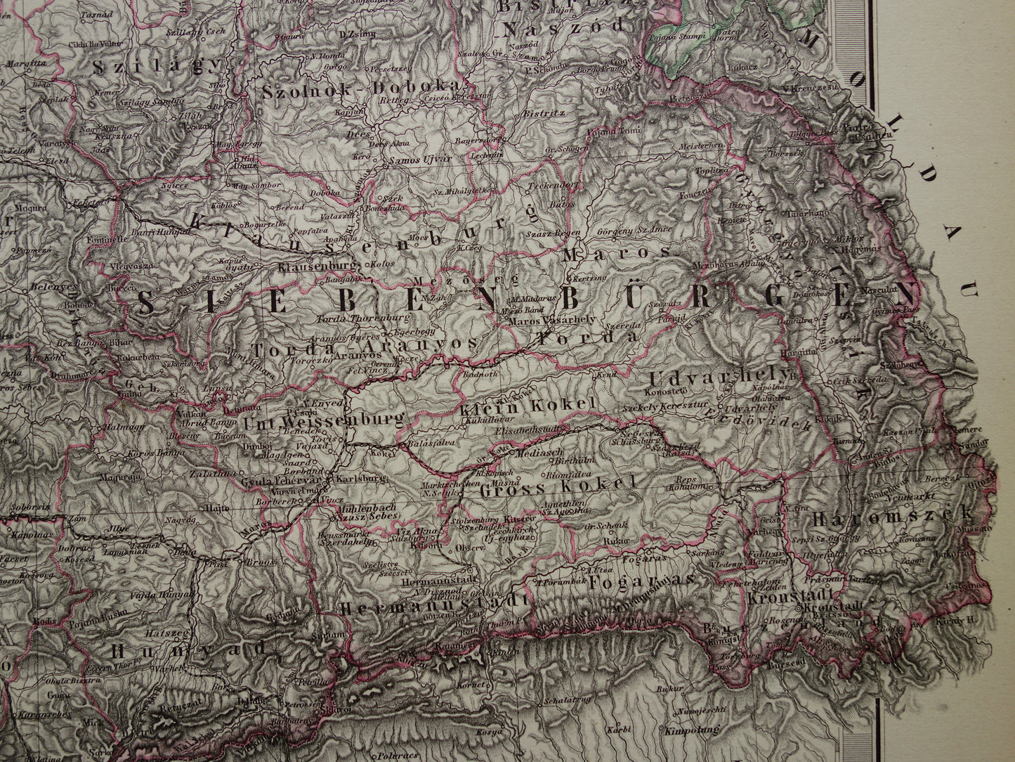 Hongarije Roemenië vintage landkaart uit 1878 van Budapest Transsylvanië Originele oude antieke kaart met jaartal - historische kaarten Oostenrijk-Hongarije