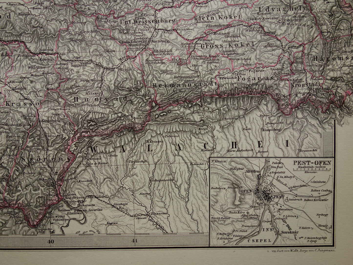 Hongarije Roemenië vintage landkaart uit 1878 van Budapest Transsylvanië Originele oude antieke kaart met jaartal - historische kaarten Oostenrijk-Hongarije