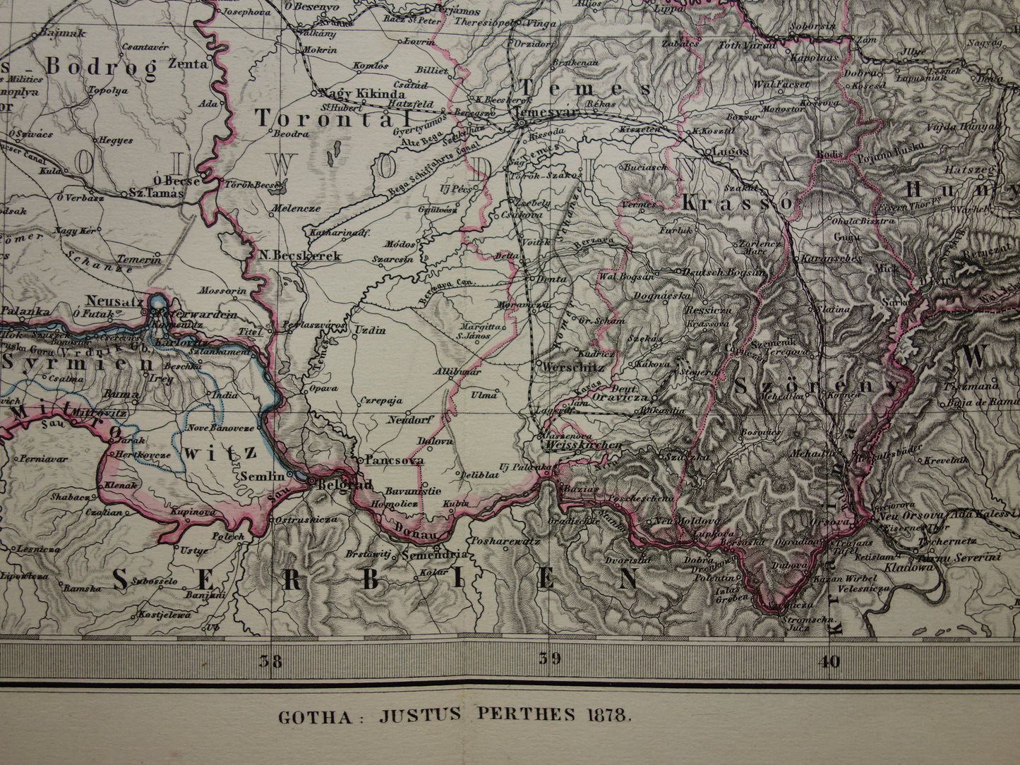 Hongarije Roemenië vintage landkaart uit 1878 van Budapest Transsylvanië Originele oude antieke kaart met jaartal - historische kaarten Oostenrijk-Hongarije