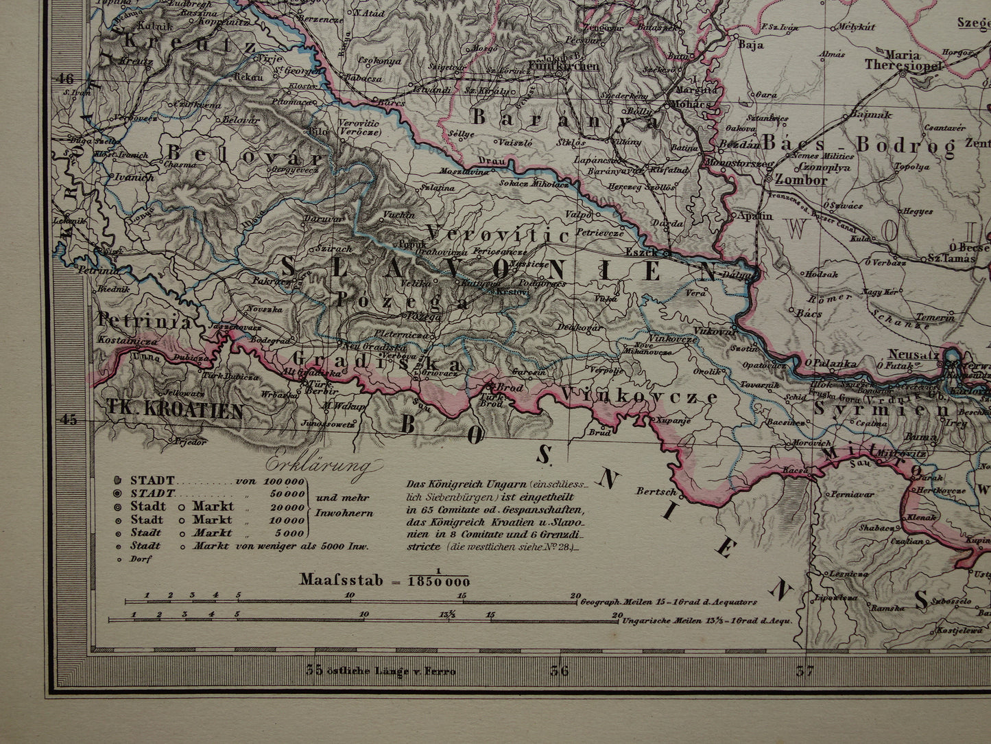 Hongarije Roemenië vintage landkaart uit 1878 van Budapest Transsylvanië Originele oude antieke kaart met jaartal - historische kaarten Oostenrijk-Hongarije