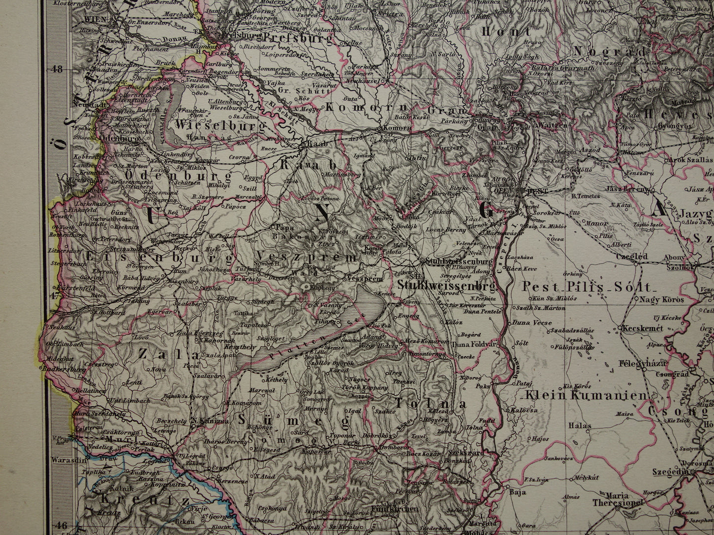 Hongarije Roemenië vintage landkaart uit 1878 van Budapest Transsylvanië Originele oude antieke kaart met jaartal - historische kaarten Oostenrijk-Hongarije