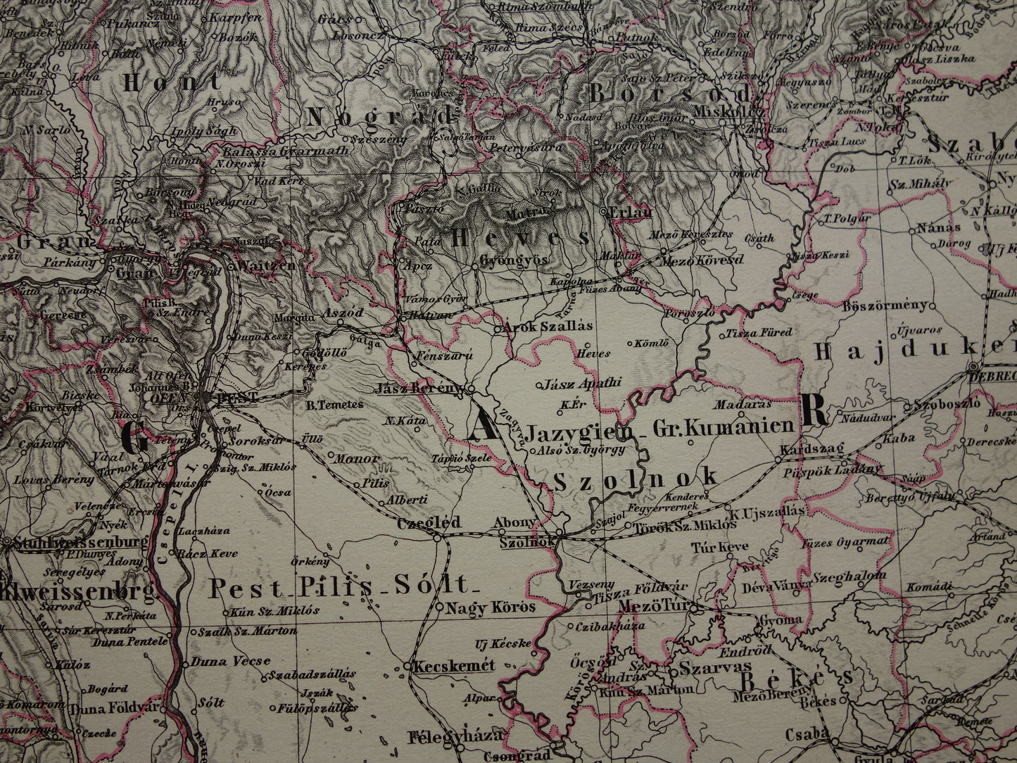 Hongarije Roemenië vintage landkaart uit 1878 van Budapest Transsylvanië Originele oude antieke kaart met jaartal - historische kaarten Oostenrijk-Hongarije