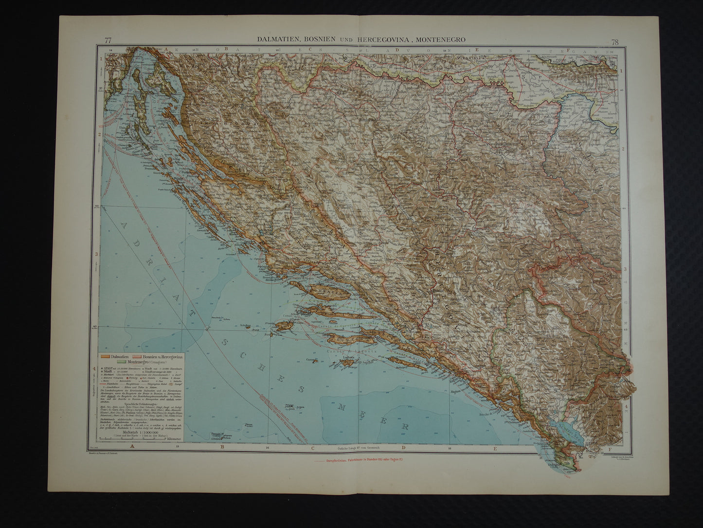 Oude kaart van Bosnië en Herzegovina Kroatië en Montenegro - Gedetailleerde grote landkaart met jaartal 1909 - Originele vintage kaarten