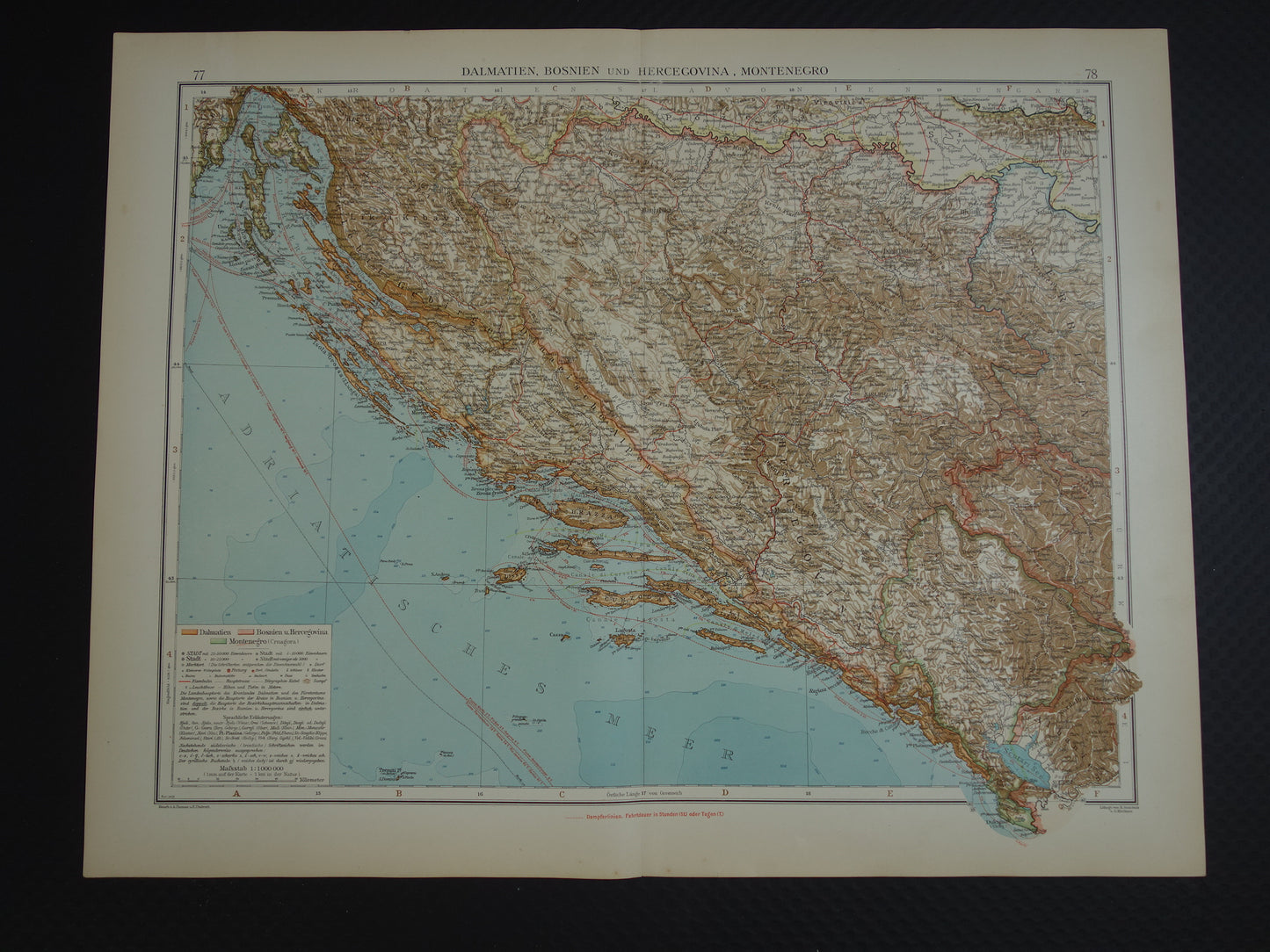 Oude kaart van Bosnië en Herzegovina Kroatië en Montenegro - Gedetailleerde grote landkaart met jaartal 1909 - Originele vintage kaarten