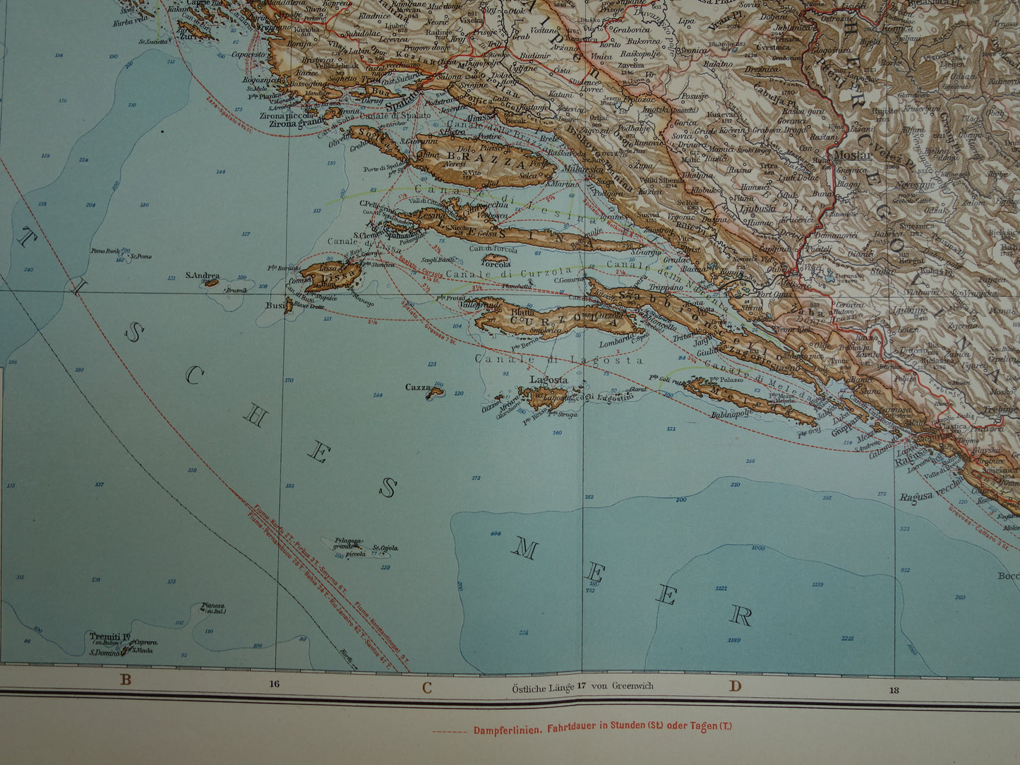 Oude kaart van Bosnië en Herzegovina Kroatië en Montenegro - Gedetailleerde grote landkaart met jaartal 1909 - Originele vintage kaarten