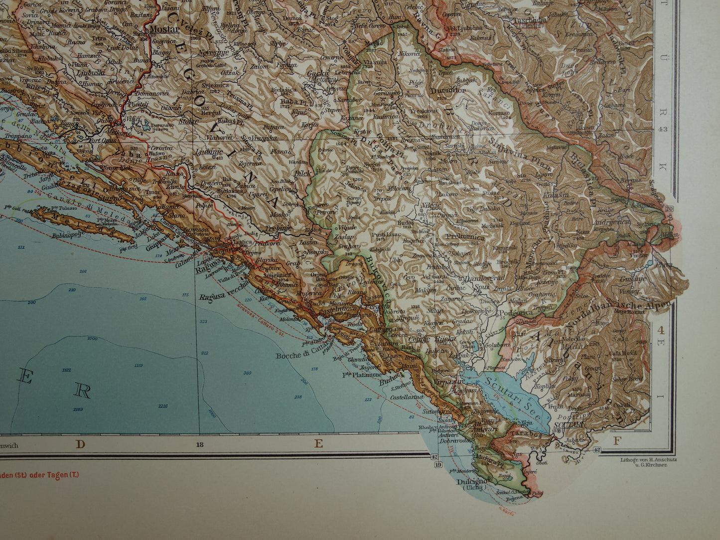 Oude kaart van Bosnië en Herzegovina Kroatië en Montenegro - Gedetailleerde grote landkaart met jaartal 1909 - Originele vintage kaarten