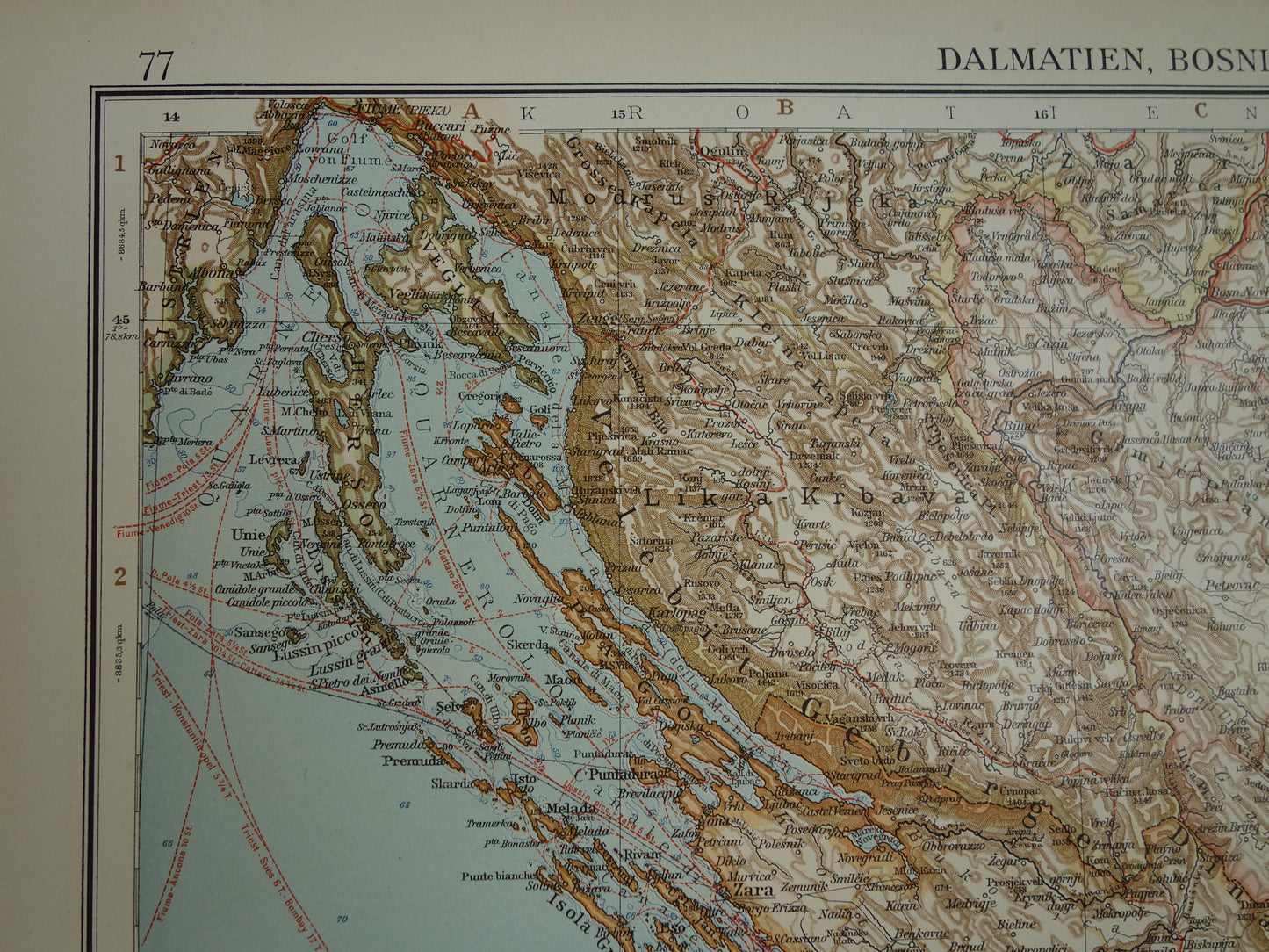 Oude kaart van Bosnië en Herzegovina Kroatië en Montenegro - Gedetailleerde grote landkaart met jaartal 1909 - Originele vintage kaarten
