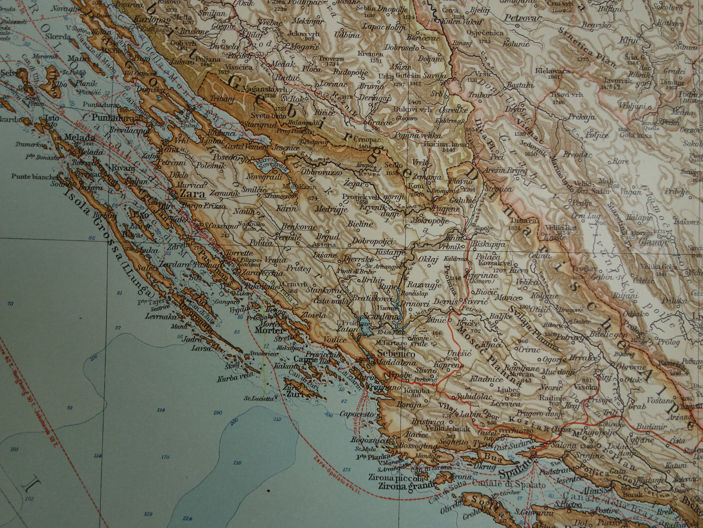 Oude kaart van Bosnië en Herzegovina Kroatië en Montenegro - Gedetailleerde grote landkaart met jaartal 1909 - Originele vintage kaarten