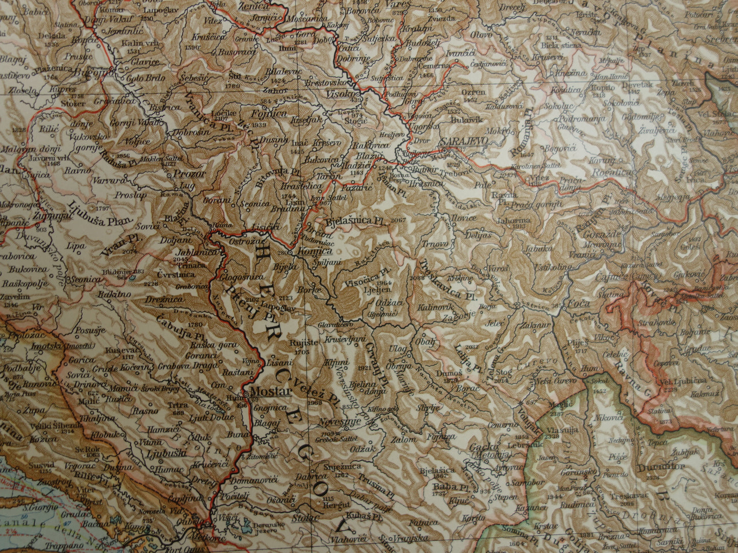 Oude kaart van Bosnië en Herzegovina Kroatië en Montenegro - Gedetailleerde grote landkaart met jaartal 1909 - Originele vintage kaarten
