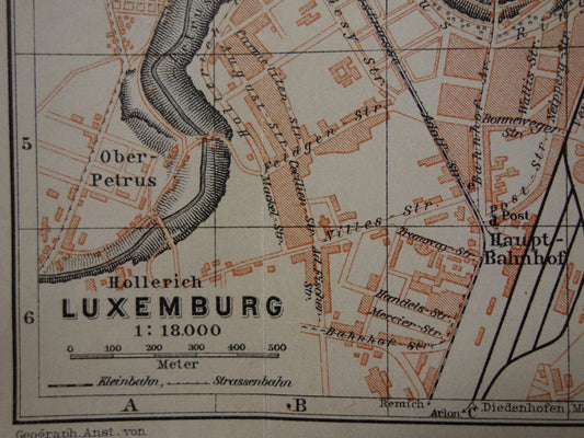 LUXEMBURG oude kaart van Luxembourg Stad uit 1910 kleine originele antieke plattegrond landkaart