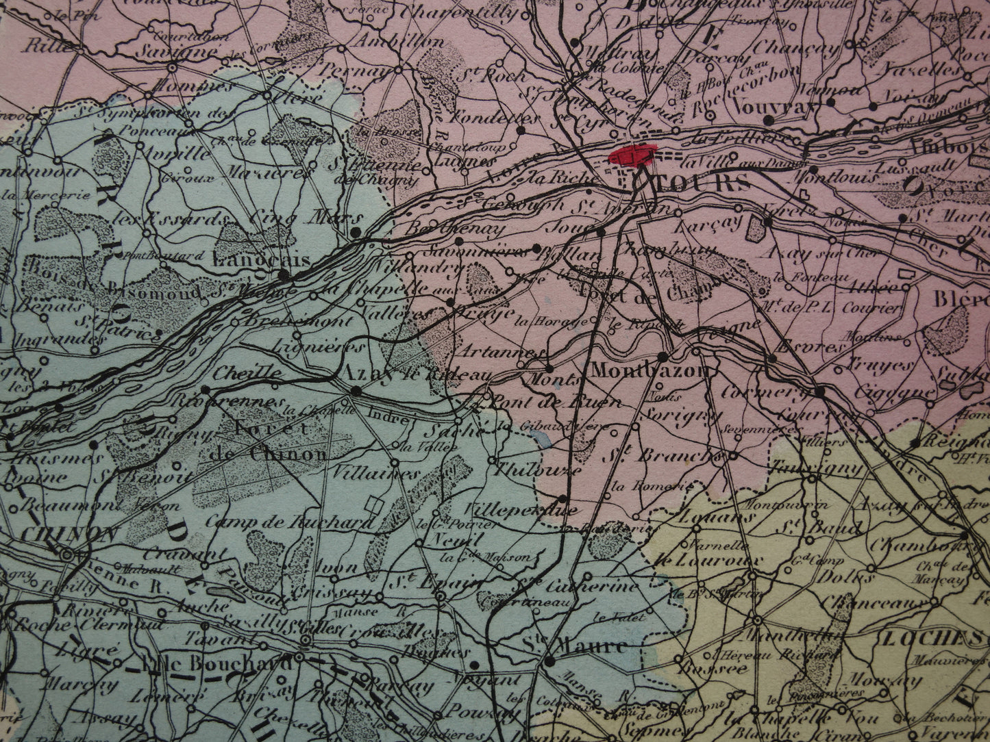 Indre-et-Loire departement Frankrijk oude kaart 1880 originele antieke landkaart Tours historische kaarten