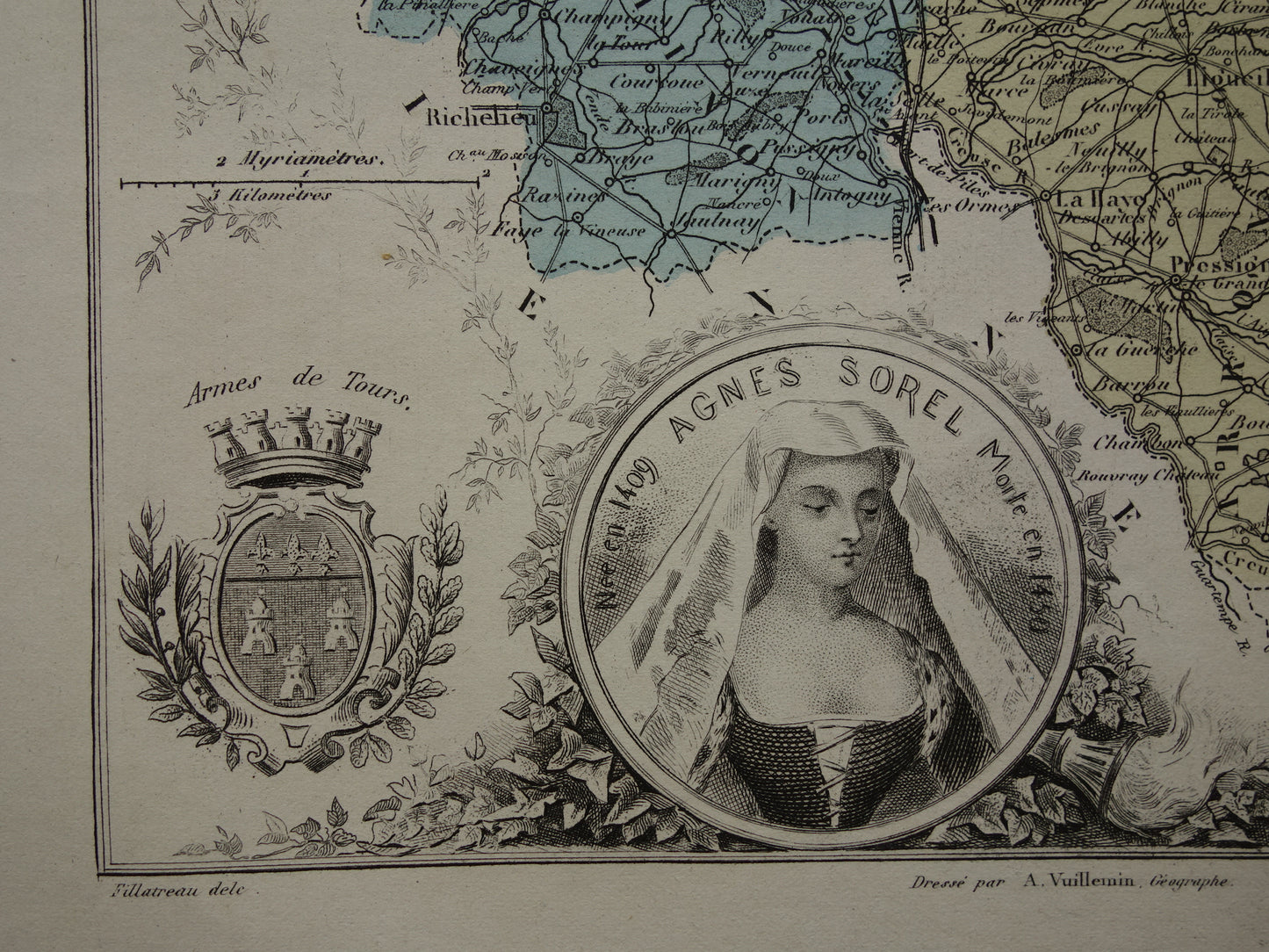 Indre-et-Loire departement Frankrijk oude kaart 1880 originele antieke landkaart Tours historische kaarten