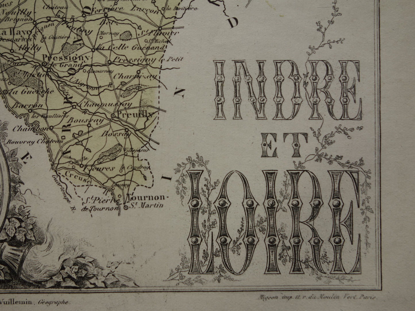 Indre-et-Loire departement Frankrijk oude kaart 1880 originele antieke landkaart Tours historische kaarten