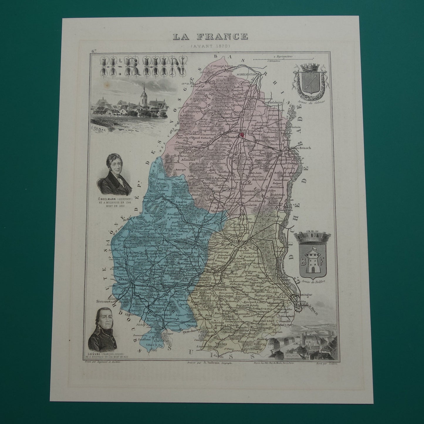 Haut-Rhin Frankrijk Oude kaart uit 1882 originele antieke handgekleurde landkaart Colmar