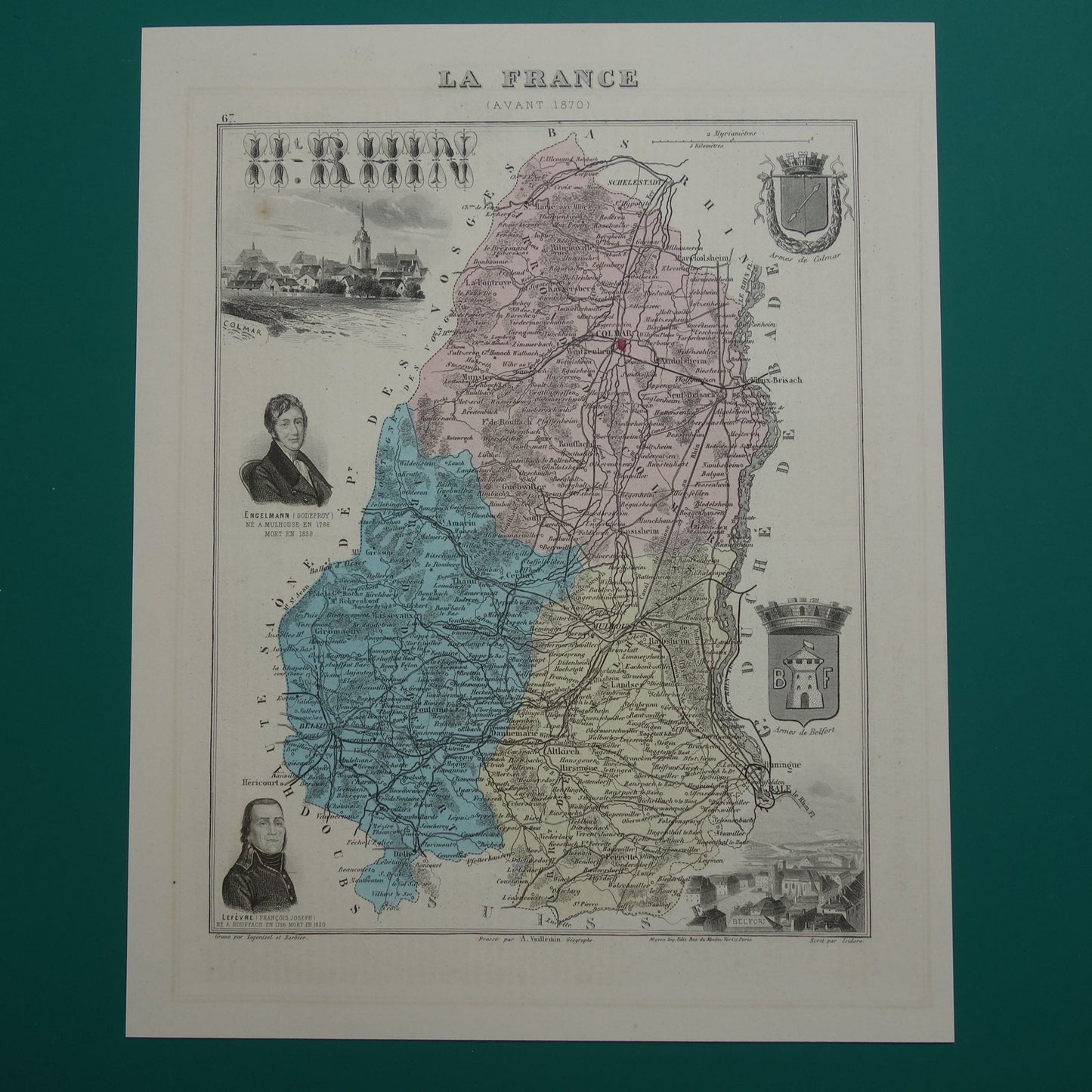 Haut-Rhin Frankrijk Oude kaart uit 1882 originele antieke handgekleurde landkaart Colmar