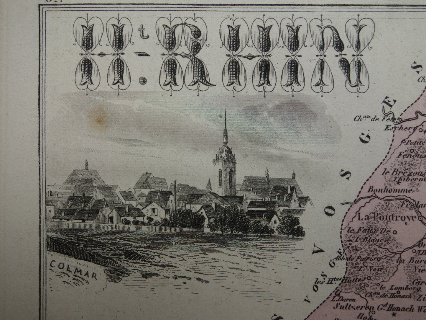 Haut-Rhin Frankrijk Oude kaart uit 1882 originele antieke handgekleurde landkaart Colmar