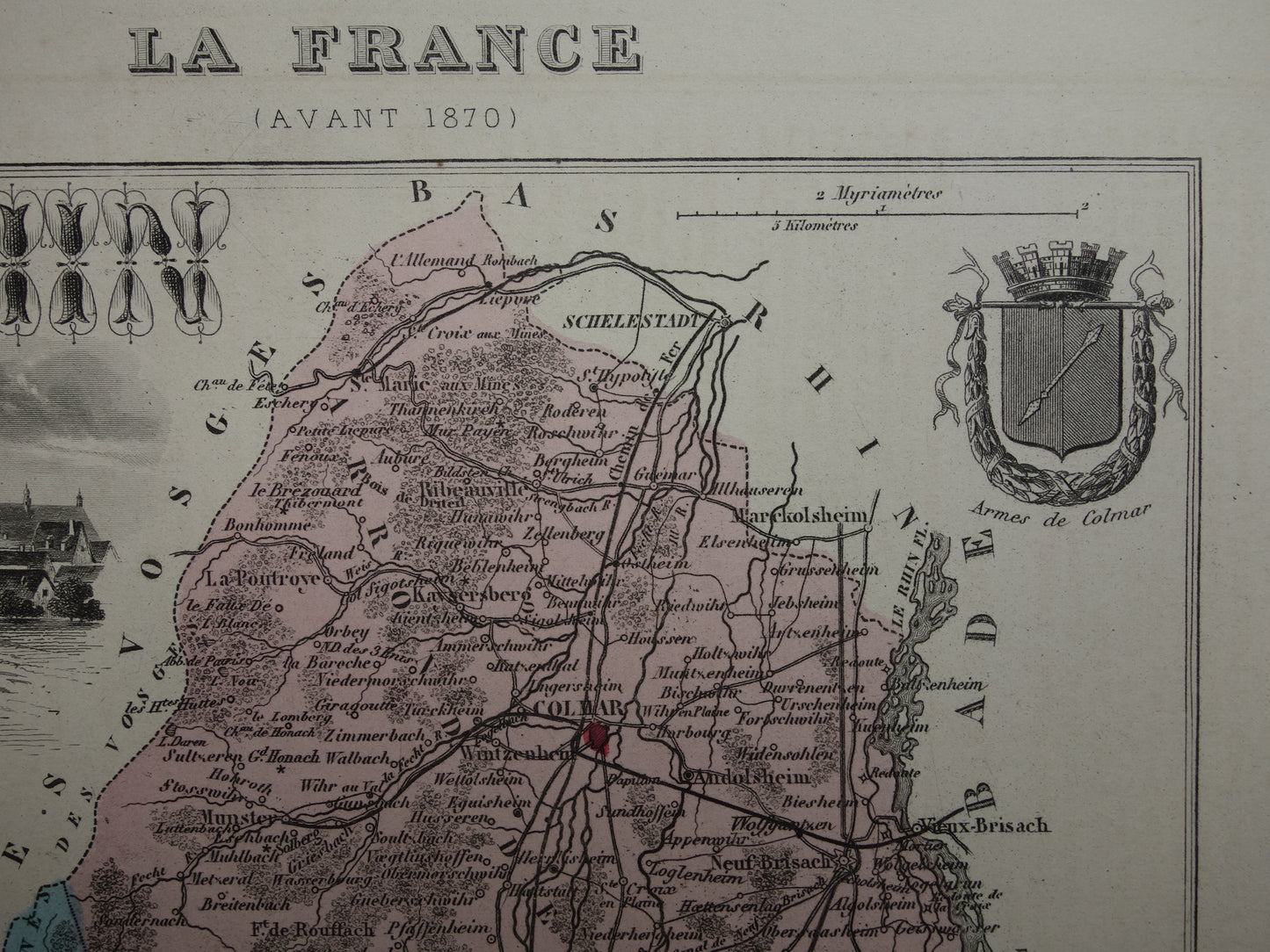Haut-Rhin Frankrijk Oude kaart uit 1882 originele antieke handgekleurde landkaart Colmar