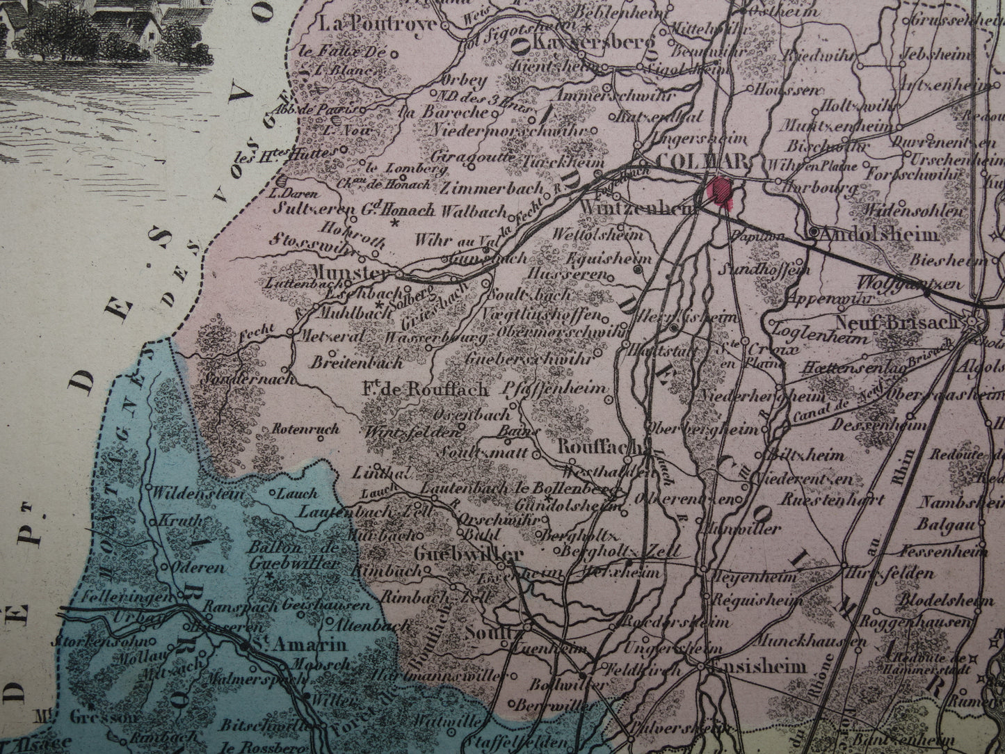 Haut-Rhin Frankrijk Oude kaart uit 1882 originele antieke handgekleurde landkaart Colmar