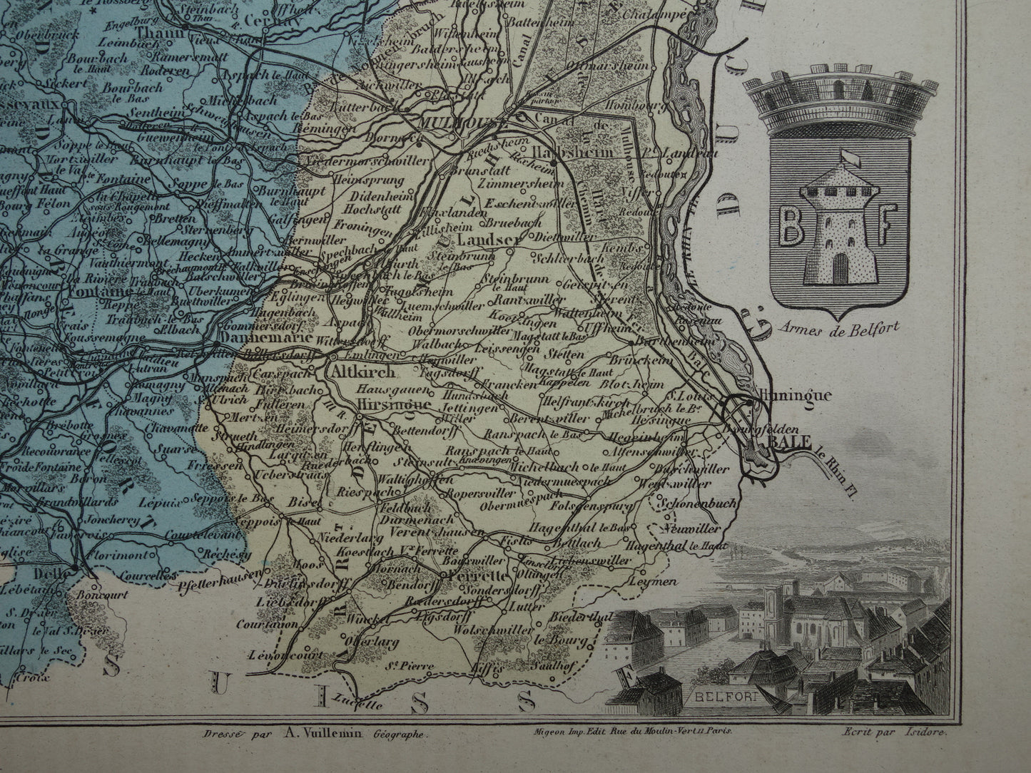 Haut-Rhin Frankrijk Oude kaart uit 1882 originele antieke handgekleurde landkaart Colmar