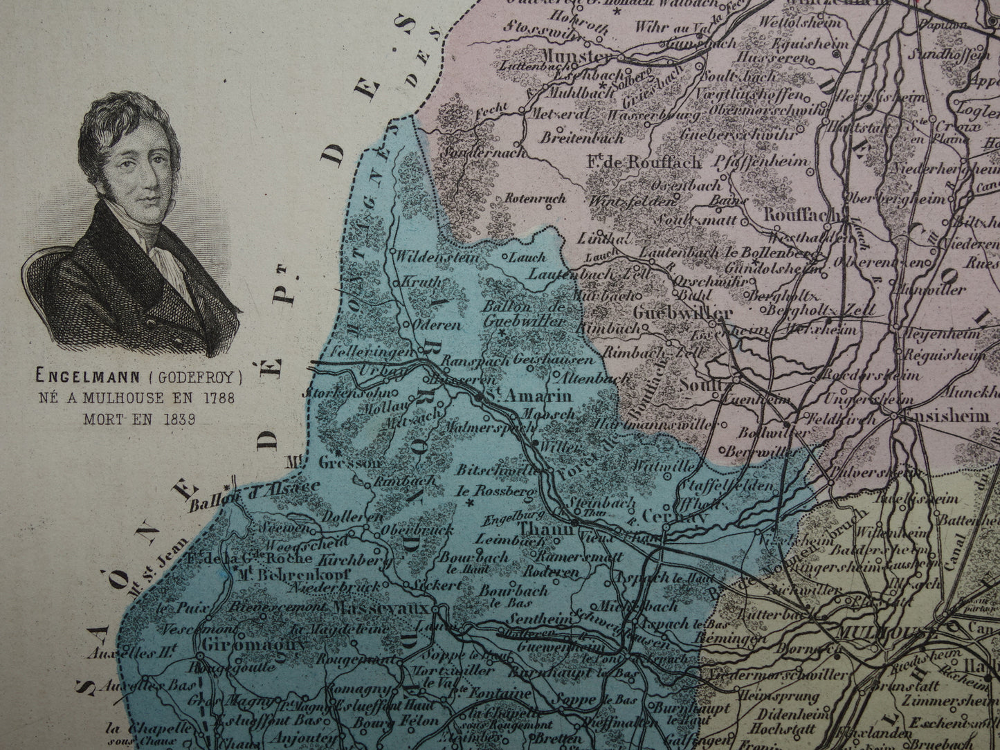 Haut-Rhin Frankrijk Oude kaart uit 1882 originele antieke handgekleurde landkaart Colmar