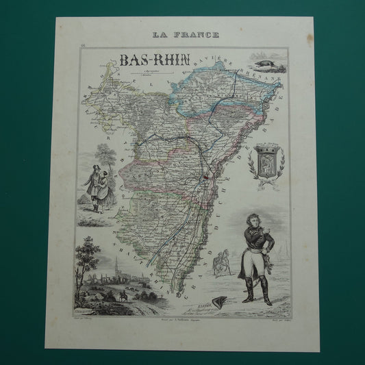 Oude kaart van BAS-RHIN departement in Frankrijk uit 1856 originele antieke handgekleurde landkaart Straatsburg