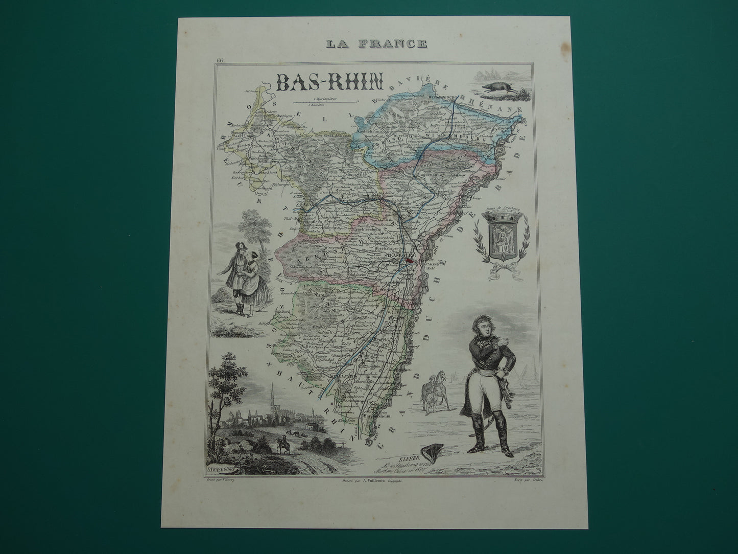 Oude kaart van BAS-RHIN departement in Frankrijk uit 1856 originele antieke handgekleurde landkaart Straatsburg