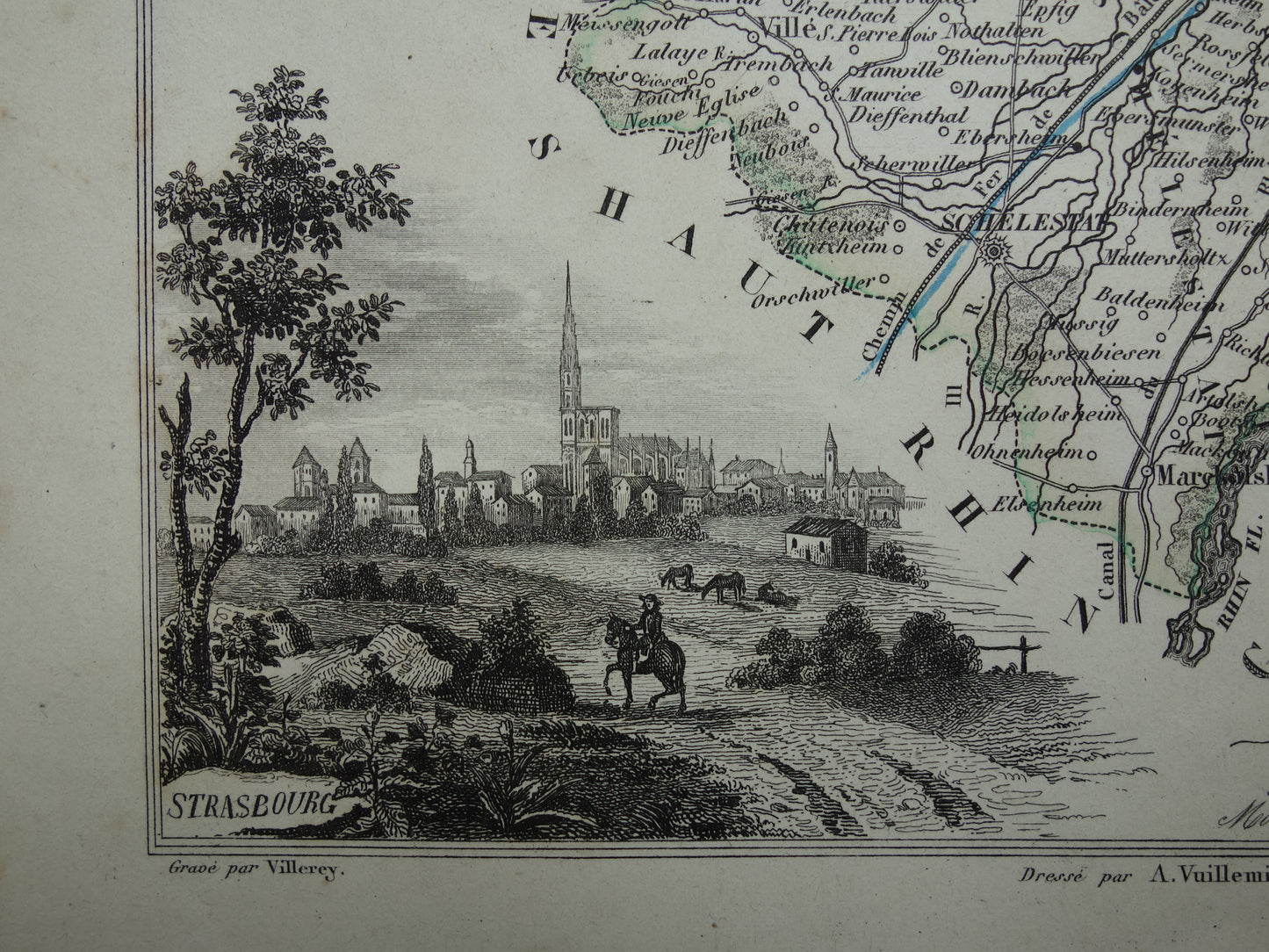 Oude kaart van BAS-RHIN departement in Frankrijk uit 1856 originele antieke handgekleurde landkaart Straatsburg