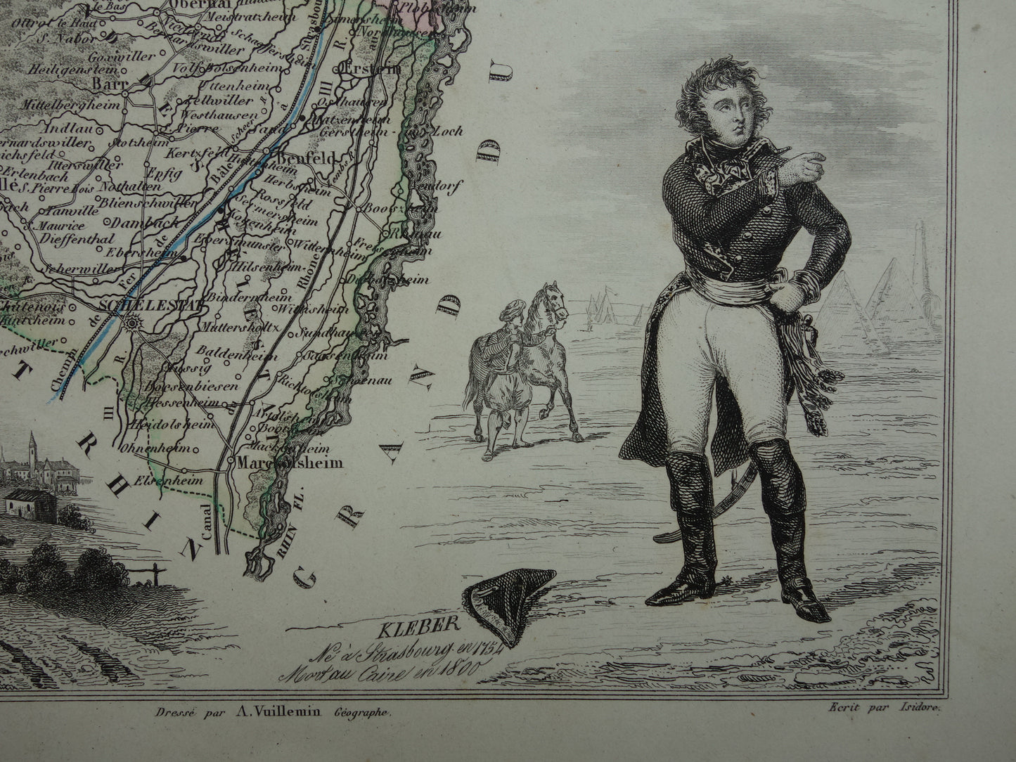 Oude kaart van BAS-RHIN departement in Frankrijk uit 1856 originele antieke handgekleurde landkaart Straatsburg