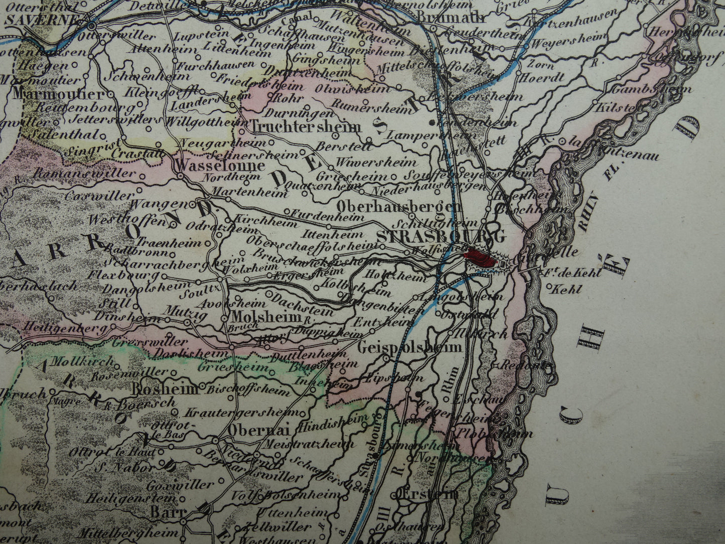 Oude kaart van BAS-RHIN departement in Frankrijk uit 1856 originele antieke handgekleurde landkaart Straatsburg