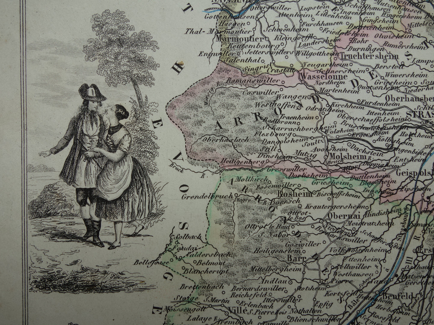 Oude kaart van BAS-RHIN departement in Frankrijk uit 1856 originele antieke handgekleurde landkaart Straatsburg